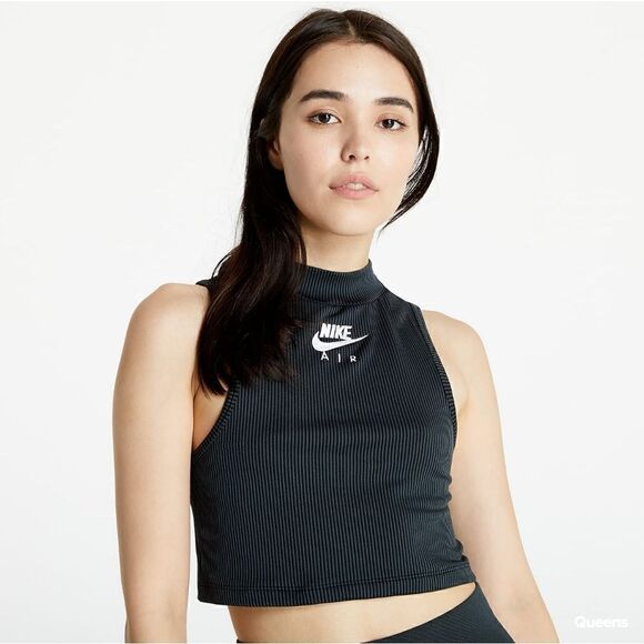 Nike Air Rib Cropped Tank Top Black Grey White Size Large L CZ9341 010 Slim Fit - Picture 1 of 16